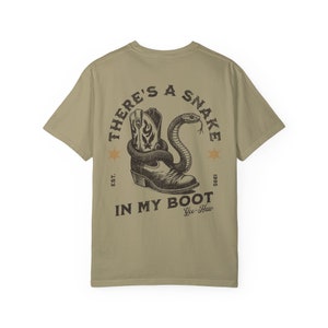 Toy Story Mens Shirt, There's A Snake In My Boot Front & Back Print Comfort Colors Heavy Weight Unisex Tee, Woody Park Hopper Shirt for Dad Khaki