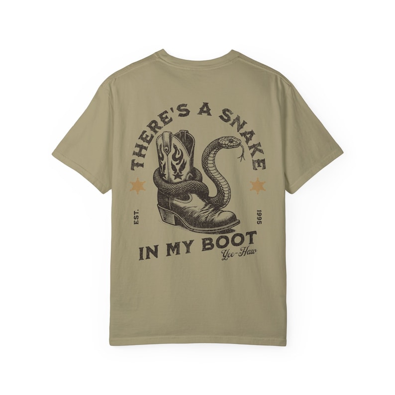Toy Story Mens Shirt, There's A Snake In My Boot Front & Back Print Comfort Colors Heavy Weight Unisex Tee, Woody Park Hopper Shirt for Dad Khaki