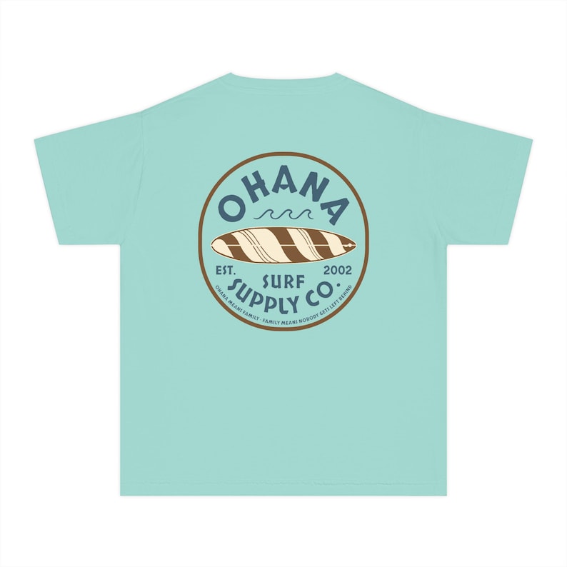 Lilo and Stitch Youth Shirt, Ohana Surf Supply Co Front & Back Print Comfort Colors Mid Weight Unisex Tee, Kids Tshirt, Park Hopper Matching Chalky Mint