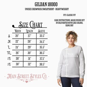 May include: A light gray unisex crewneck sweatshirt with a size chart and care instructions. The size chart shows measurements in inches for width, length, and sleeve for sizes S to 3X. The text "Main Street Styles Co." is at the bottom.