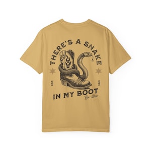 Toy Story Mens Shirt, There's A Snake In My Boot Front & Back Print Comfort Colors Heavy Weight Unisex Tee, Woody Park Hopper Shirt for Dad Mustard
