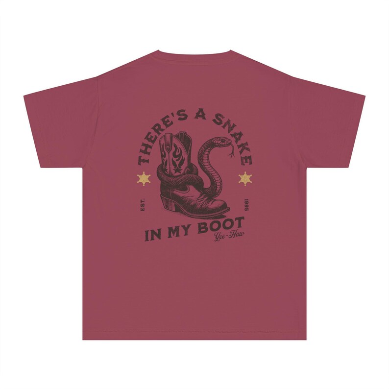 Toy Story Youth Shirt, There's A Snake In My Boot Front & Back Print Comfort Colors Mid-Weight Unisex Tee, Woody Park Hopper Shirt for Kids Crimson