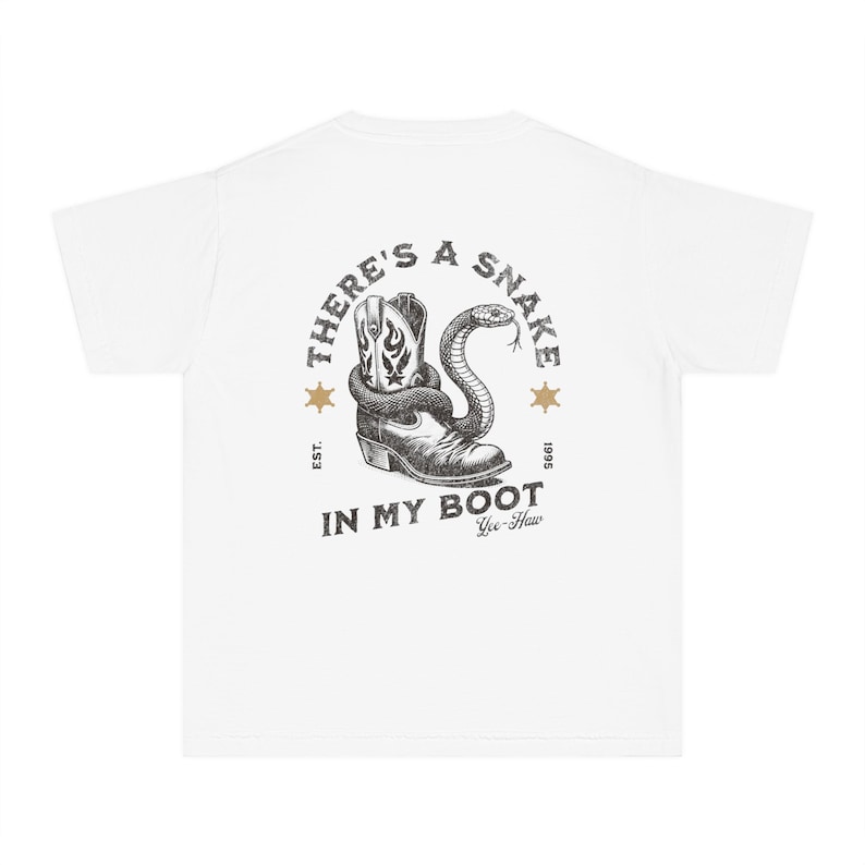 Toy Story Youth Shirt, There's A Snake In My Boot Front & Back Print Comfort Colors Mid-Weight Unisex Tee, Woody Park Hopper Shirt for Kids White
