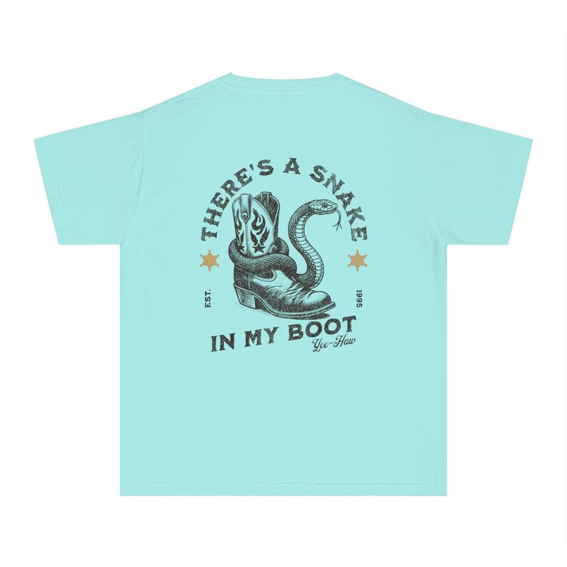 Toy Story Youth Shirt, There's A Snake In My Boot Front & Back Print Comfort Colors Mid-Weight Unisex Tee, Woody Park Hopper Shirt for Kids Chalky Mint