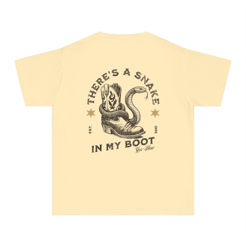 Toy Story Youth Shirt, There's A Snake In My Boot Front & Back Print Comfort Colors Mid-Weight Unisex Tee, Woody Park Hopper Shirt for Kids Butter