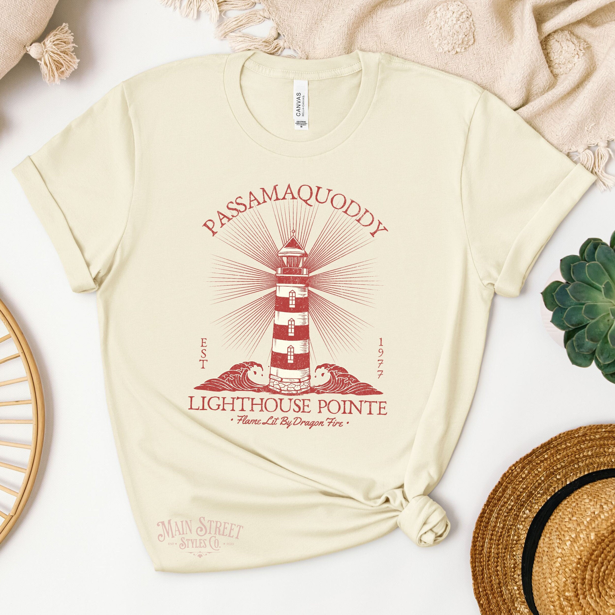 Petes Dragon Shirt - Passamaquoddy Lighthouse Unisex Light Weight White Jersey Short Sleeve Tee - Elliott the Dragon - New England