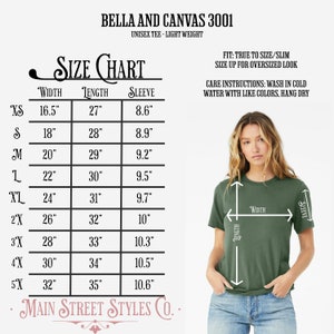 Op de afbeelding: Maattabel voor een unisex Bella + Canvas 3001 t-shirt. De tabel toont de breedte, lengte en mouwlengte in inches voor maten XS tot 5X. De tabel bevat ook wasinstructies: wassen in koud water met gelijke kleuren, hangen om te drogen.