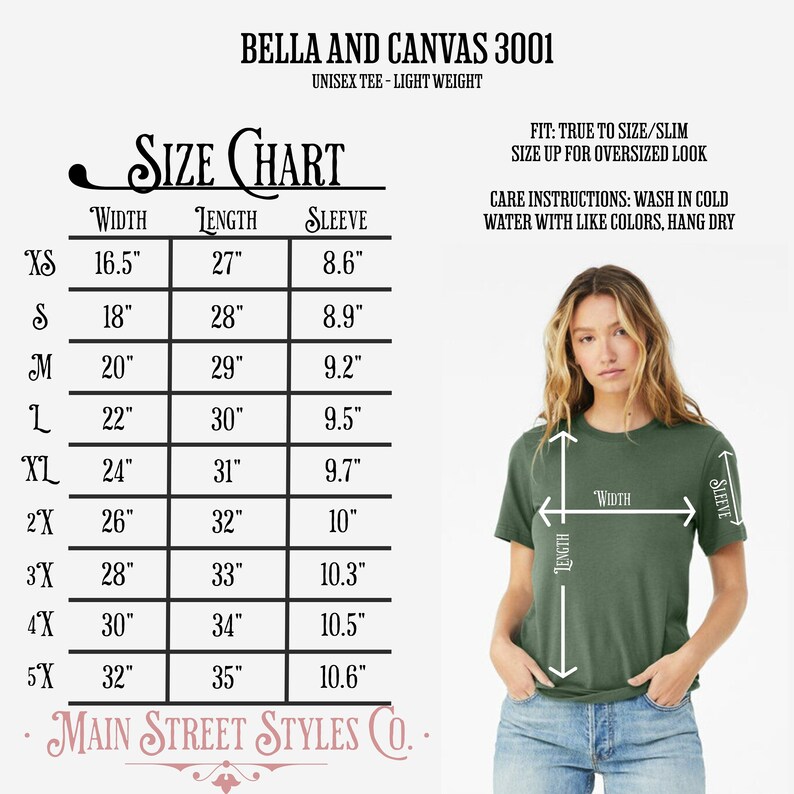 Op de afbeelding: Maattabel voor een unisex Bella + Canvas 3001 t-shirt. De tabel toont de breedte, lengte en mouwlengte in inches voor maten XS tot 5X. De tabel bevat ook wasinstructies: wassen in koud water met gelijke kleuren, hangen om te drogen.