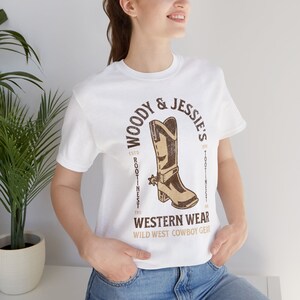 Toy Story Shirt - Woody and Jessies Western Wear Unisex Light Weight Jersey Short Sleeve Tee - Woodys Round Up - Rootinest Tootinest Cowboy White