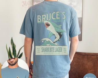 Jaws Shark Shirt Front & Back Print, Bruces Brewing Co. Shark Bite Lager Comfort Colors Heavy Weight Unisex T-shirt, 70s Movie, Gift for Him