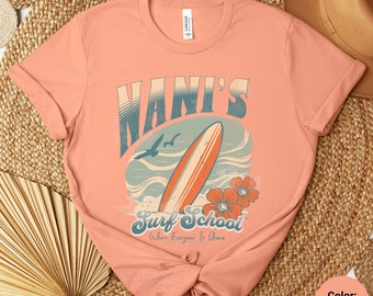 Lilo and Stitch Shirt - Nanis Surf School Unisex Light Weight Jersey Short Sleeve Tee - Tropical Surfing - Ohana Means Family - Aloha Hawaii