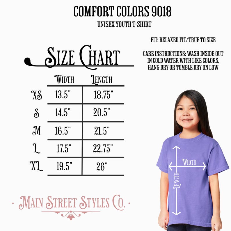 May include: A young girl wearing a purple Comfort Colors unisex youth t-shirt. The image includes a size chart with measurements in inches, ranging from XS to XL, and care instructions. The shirt is a relaxed fit.