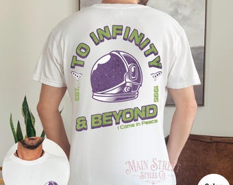 Toy Story Mens Shirt, To Infinity and Beyond Front & Back Print Comfort Colors Heavy Weight Unisex Tee, Buzz Park Hopper Shirt for Dad