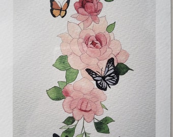 PInk Floral + Butterflies- Layflat Frameable Giclee Art Print - 5x7