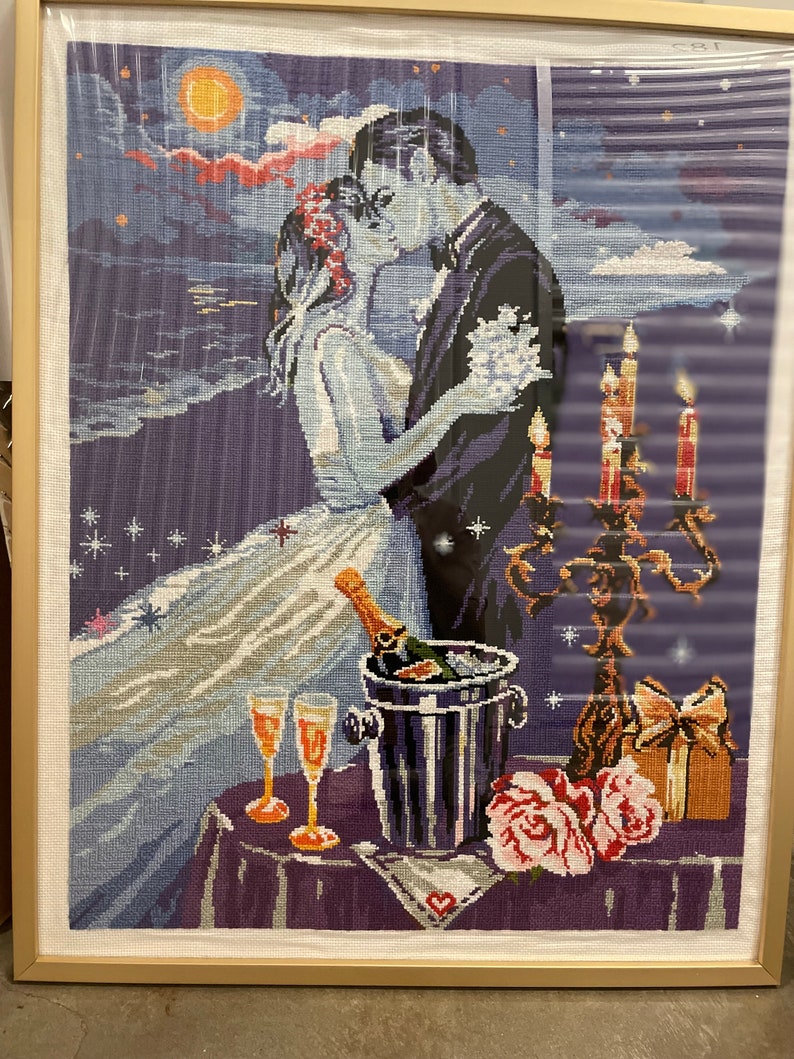 Cross-stitch Completed Work, Dating Couple on a Beautiful Evening image 1