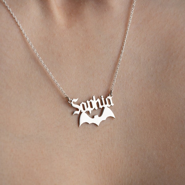 Bat Name Silver Necklace for Halloween Gift for Her Bat Necklace for Bat Lovers Halloween Necklace with Spooky Custom Name Pendant Handmade