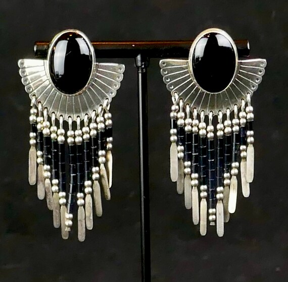 Navajo Sterling Silver and Onyx Earrings - image 2