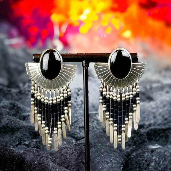 Navajo Sterling Silver and Onyx Earrings - image 1