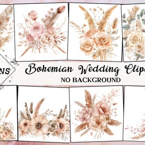 Boho bloemenboeketten - Boho arrangementen - Boho bloemen - aquarel clipart - Boho clipart - aquarel rozen & tarwe - DIY Craft