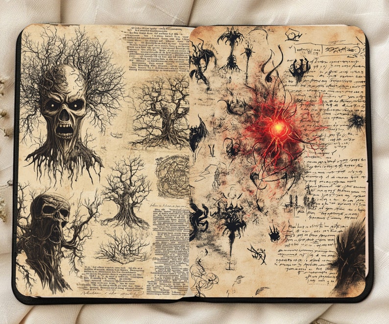May include: An open book with a black cover and pages filled with hand-drawn illustrations of trees and other dark imagery. The pages are aged and have a vintage feel. The book is open to a page with a red glowing orb in the center.