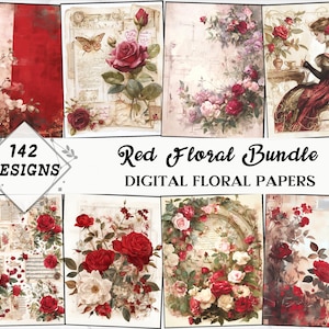 Big Bundle Vintage Rustic Red Scrappy Papers, Junk Journal, Pages, Floral, Vintage, Shabby, Backing, DIY Crafts, Printable, Digital Download