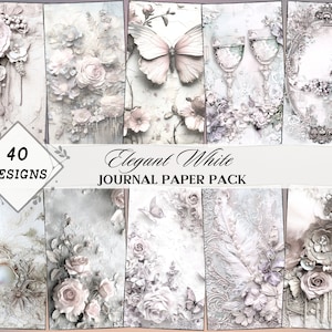 Floral Weiß Junk Journal Kit | Blumen Printable | Junk Journal Zubehör | Scrapbook Papier | Romantisch | Weiblich | Elegant | Basteln