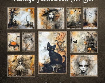 Vintage Halloween Art Set | Dark & Moody Wall Decor | Gothic Rustic Prints | Spooky Cats, Haunted Houses and Witches | HD Digital Collection