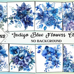 May include: A collection of 100 indigo blue flower clipart images with no background. The images feature various types of flowers, including lilies, hydrangeas, and orchids.