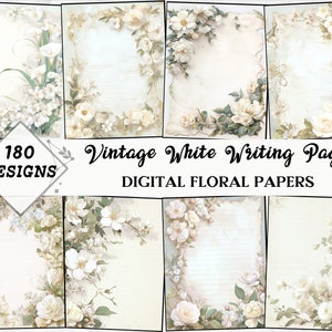 Leere linierte Seiten Bündel - Weiße Blumen Schreibpapiere - Druckbare Shabby Rosen - Schöne Decoupage Blätter - Vintage Blumenbuch