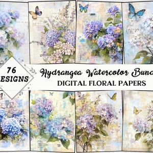Kit diario spazzatura acquerello Hydrangea, pacchetto Ephemera vintage, carte floreali antiche, foglio collage, inserto, download istantaneo, digitale