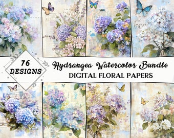 Hydrangea Watercolor Junk Journal Kit, Vintage Ephemera Bundle, Antique Floral Papers, Collage Sheet, Insert, Instant Download, Digital