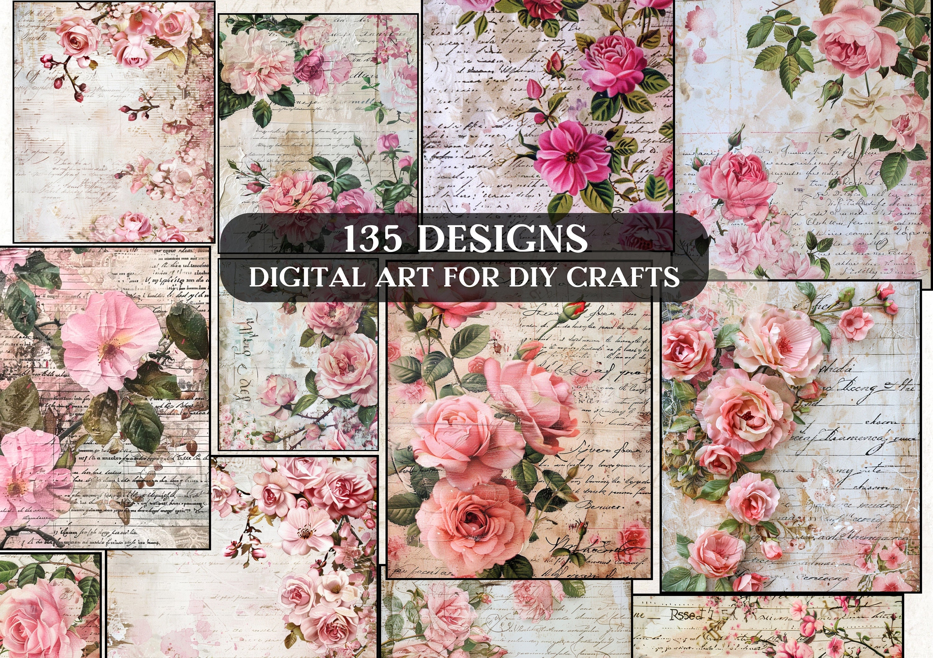 Roses and Script Scrappy Papers, Shabby Junk Journal Pages, Vintage ...