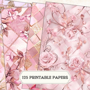 Pacote de papel digital blush rosa e dourado | Clássico, rosa pastel abstrato floral, padrões de damasco | Folha de impressão A4 de diamantes elegantes e desgastados