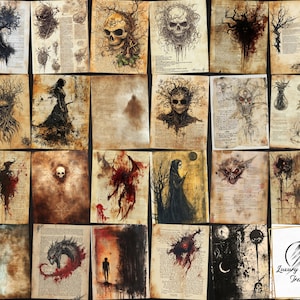 May include: A collection of 16 digital art prints featuring dark, gothic, and macabre imagery. The prints are in black and white with red accents and feature skulls, trees, and other spooky elements. The prints are on a textured background that resembles old parchment.