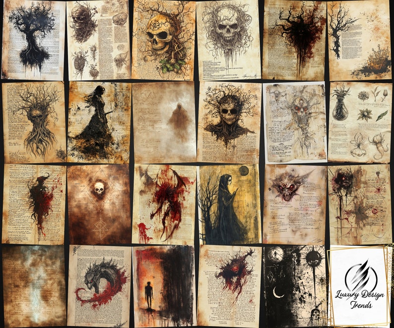 May include: A collection of 16 digital art prints featuring dark, gothic, and macabre imagery. The prints are in black and white with red accents and feature skulls, trees, and other spooky elements. The prints are on a textured background that resembles old parchment.