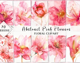 Puede incluir: 70 diseños abstractos de flores rosas en estilo acuarela con acentos dorados. Clipart floral para proyectos de diseño digital.