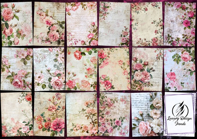 Roses and Script Scrappy Papers, Shabby Junk Journal Pages, Vintage ...