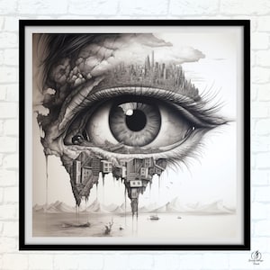 Surreal Eye Wall Art | Black and White Urban Dreamscape Print | Mystical Cityscape Drawing | Monochrome Visionary Artwork | Fine Art Poster
