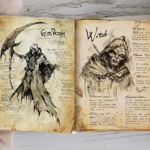 以下が含まれることがあります： ヴィンテージスタイルの死神と魔女の手描きイラスト。死神は鎌を持ち、フード付きのローブを着ています。魔女はフード付きのマントを着て、長く尖った帽子をかぶっています。イラストの上には「Grim Reaper」と「Witch」の文字が書かれています。
