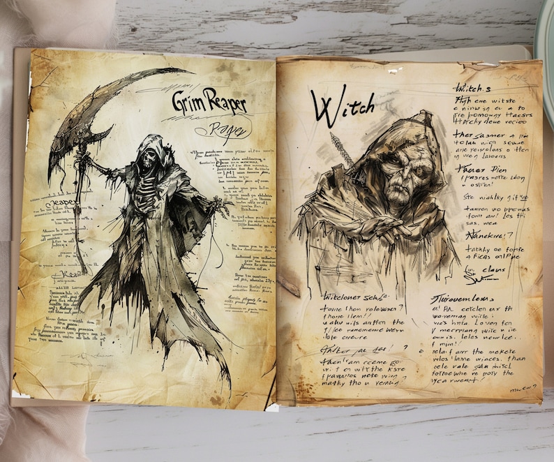以下が含まれることがあります： ヴィンテージスタイルの死神と魔女の手描きイラスト。死神は鎌を持ち、フード付きのローブを着ています。魔女はフード付きのマントを着て、長く尖った帽子をかぶっています。イラストの上には「Grim Reaper」と「Witch」の文字が書かれています。