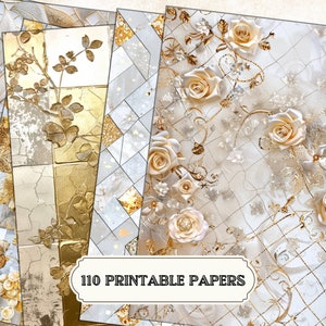 Lot de papiers numériques argentés, blancs et dorés | Motifs damassés floraux abstraits | Feuilles A4 rayures, losanges, effet vieilli pour travaux manuels