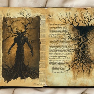 May include: An open book with a dark, tree-like figure on the left page and a detailed drawing of a tree with roots on the right page. The pages are aged and have a parchment-like texture. The text on the right page is in a gothic script.