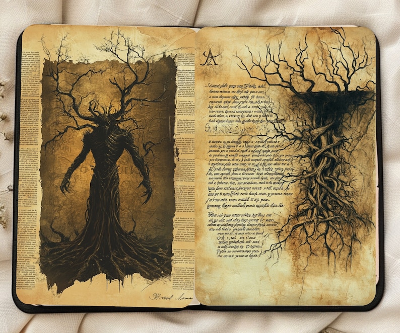 May include: An open book with a dark, tree-like figure on the left page and a detailed drawing of a tree with roots on the right page. The pages are aged and have a parchment-like texture. The text on the right page is in a gothic script.