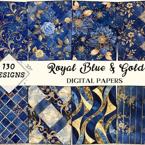 Afdrukbare bundel koningsblauw en goud, abstract, asymmetrisch, damastpatroon, strepen, stippen, noodlijdende textuur, geruit, doe-het-zelf A4-vellen