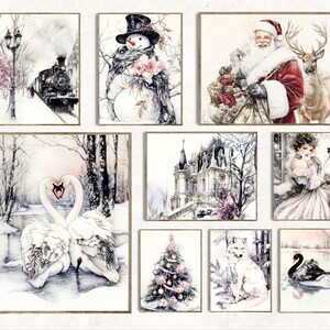 impressions d'art de Noël vintage | Décoration murale élégante en blanc hivernal au pays des merveilles | Ensemble d'oeuvres d'art nostalgiques des Fêtes | Collection imprimable de luxe intemporelle
