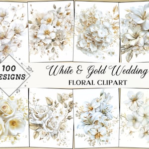 Weiß und Gold Blumen Clipart - Blumen Aquarell Clipart - Hochzeit PNG & SVG Clipart - Erhabene Blumen - Vorgefertigtes DIY Handwerk - Kommerzielle Nutzung