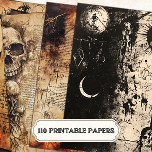 May include: A set of 110 printable papers featuring a variety of vintage, gothic, and spooky designs. The papers include skulls, moons, and other mysterious imagery.  The papers are perfect for scrapbooking, card making, and other crafting projects.