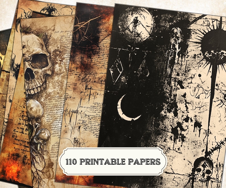 May include: A set of 110 printable papers featuring a variety of vintage, gothic, and spooky designs. The papers include skulls, moons, and other mysterious imagery.  The papers are perfect for scrapbooking, card making, and other crafting projects.