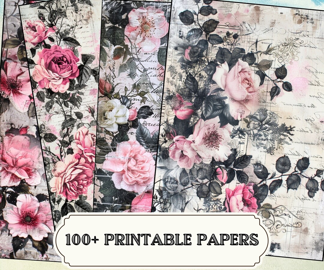 Black Pink Roses Junk Journal Papers Big Bundle, Vintage Floral ...
