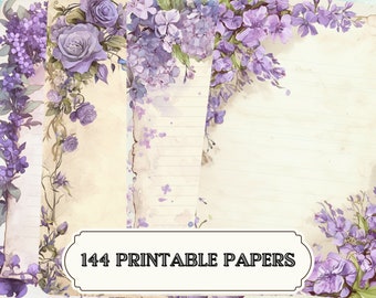 Blank Lined Journal Pages Big Bundle - Romantic Basic Junk Journal Kit - Digital Violet Collage Sheets - Scrapbook Purple Flowers - DIY